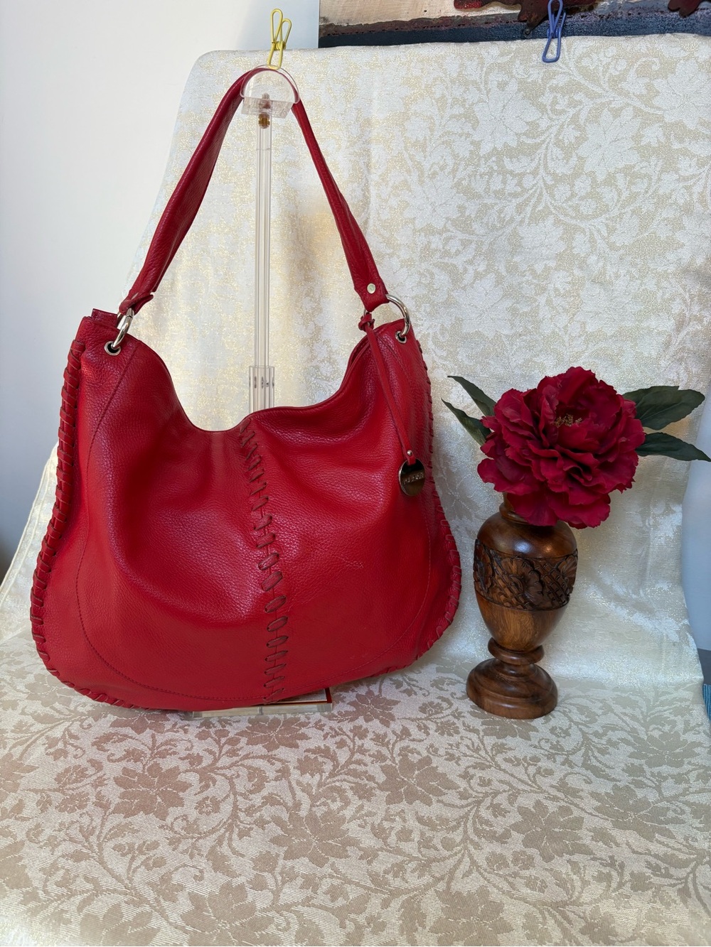 Pulicati Red Leather Whipstitched Hobo Shoulder Bag